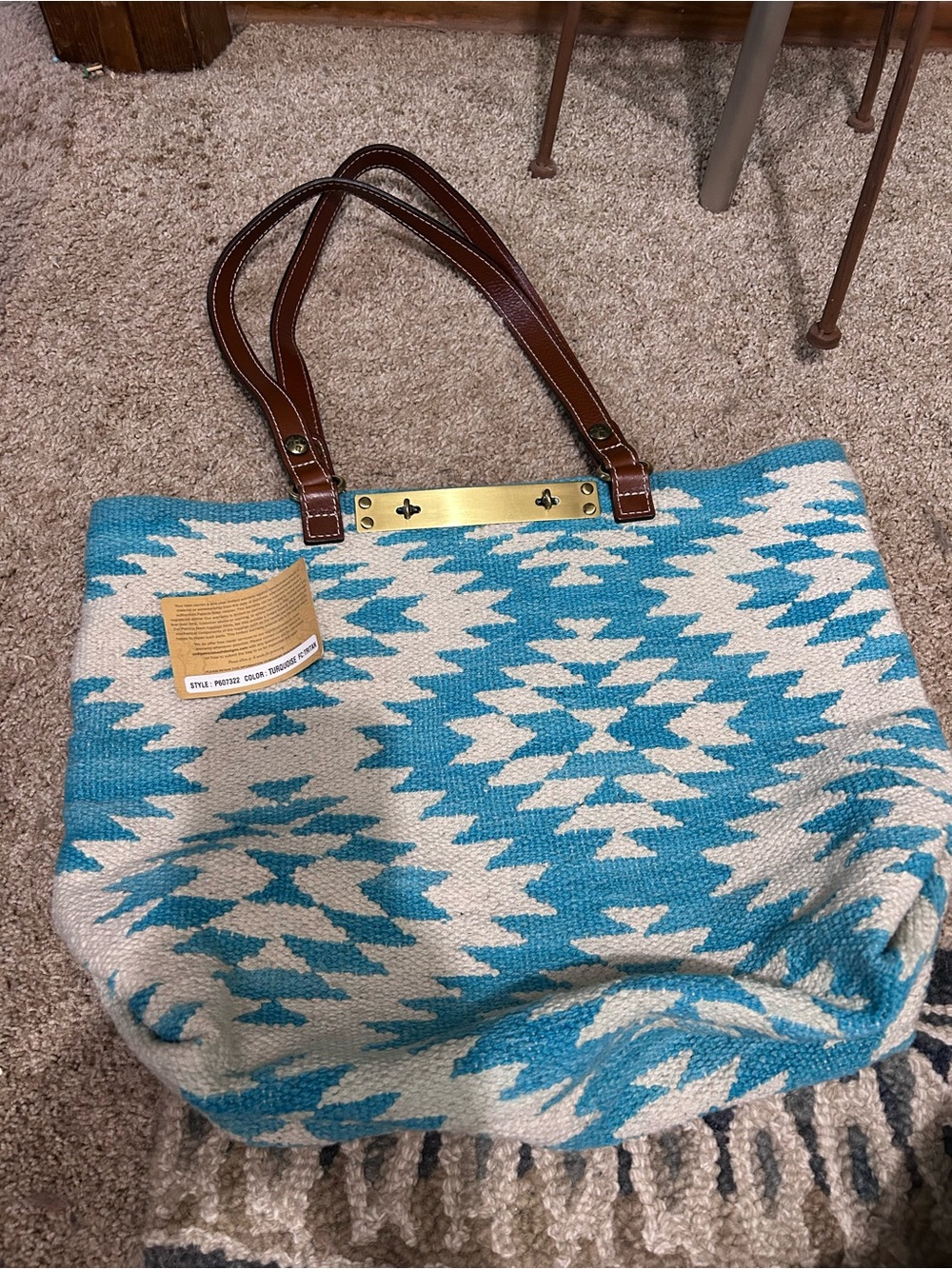 Woven Aztec Tote Bag with Brown Leather Handles - Blue/Cream
